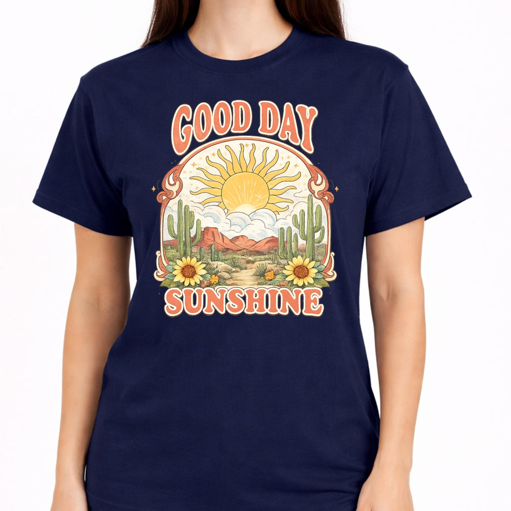Good Day Sunshine Graphic T-Shirt for Women, Soft Cotton, Vintage Boho Desert Sun Cactus Floral Design, Summer