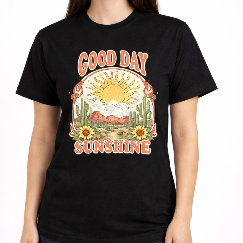 Good Day Sunshine Graphic T-Shirt for Women, Soft Cotton, Vintage Boho Desert Sun Cactus Floral Design, Summer